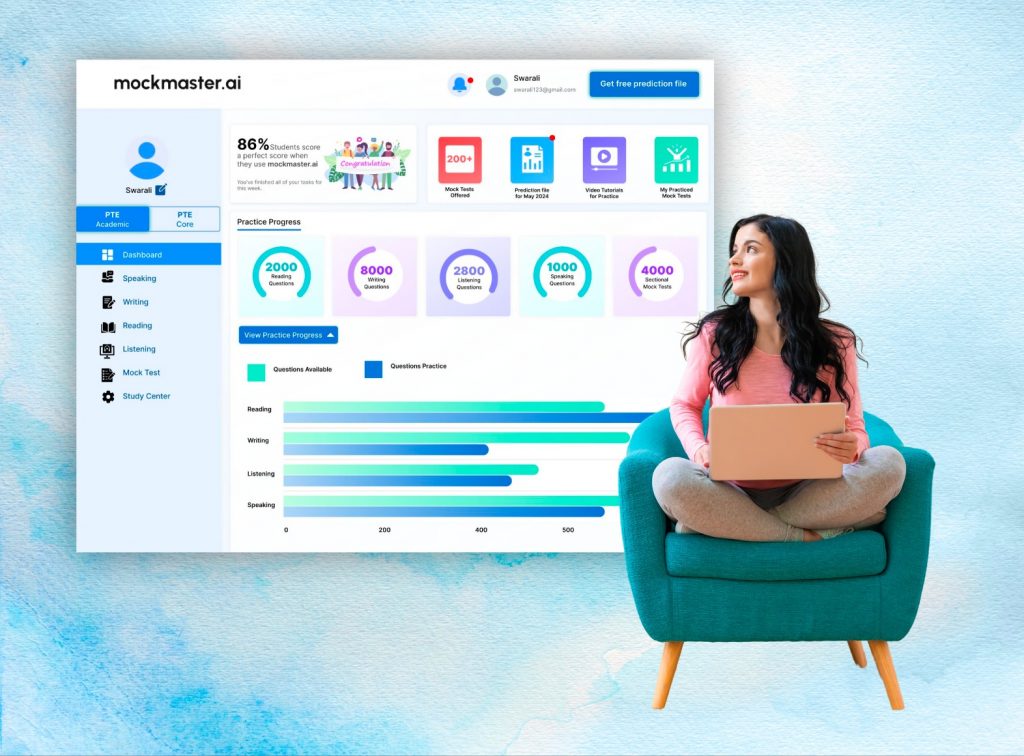 Woman with laptop sitting on chair beside MockMaster.ai PTE practice dashboard showing progress stats