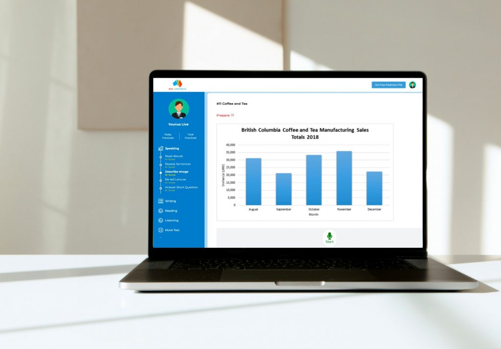 Laptop screen showing MockMaster.ai PTE practice test with bar chart in Describe Image section.