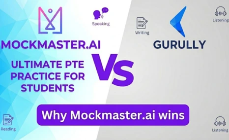 Mockmaster.ai vs Gurully banner showing AI PTE practice with speaking, writing, reading features