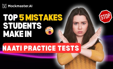Top 5 mistakes students make in NAATI practice tests with warning and student gesture
